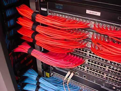 A photo of a network board showing cabling